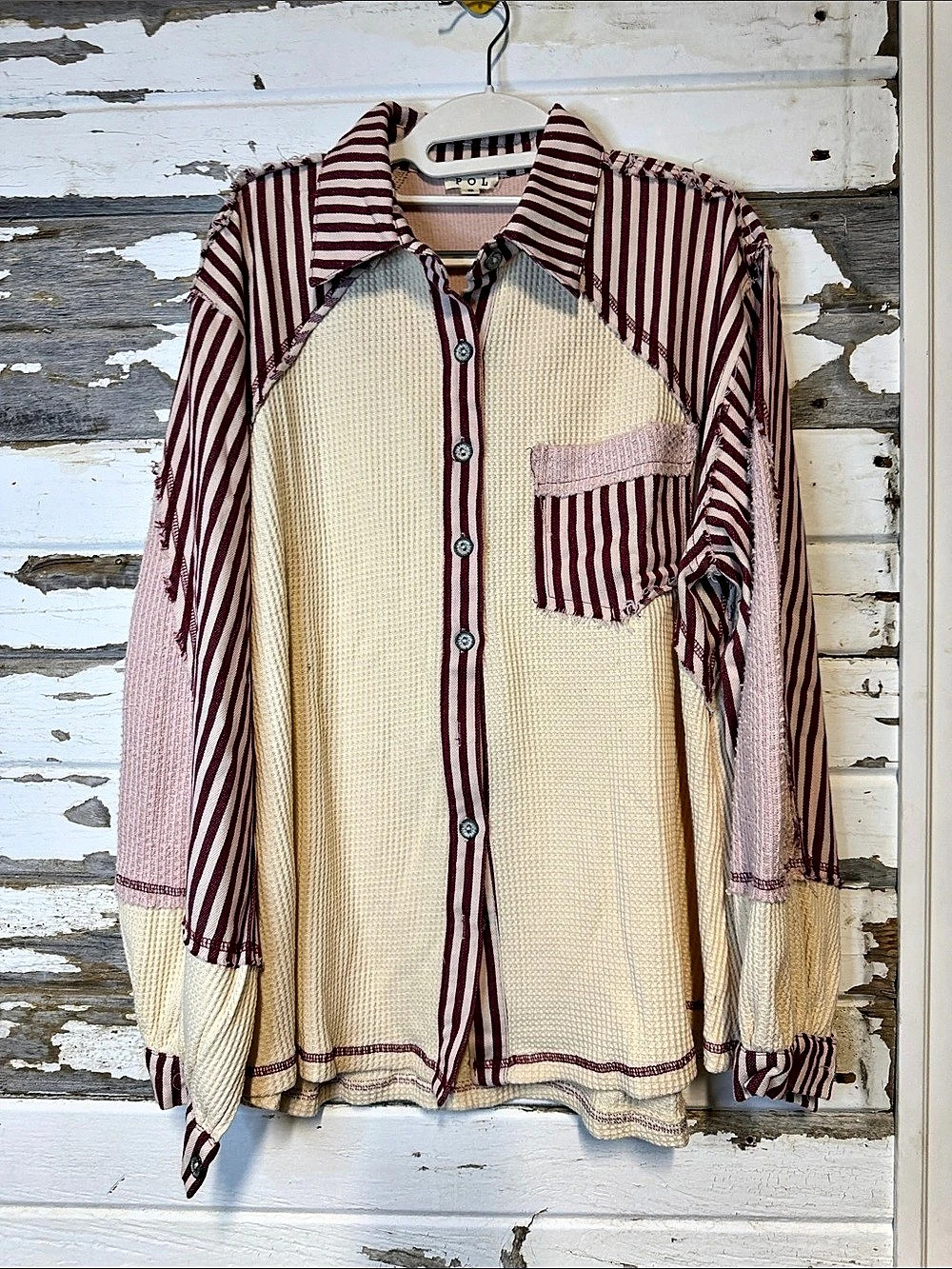 POL Striped Button Down Shirt in Cream & Burgundy Size Small ((011